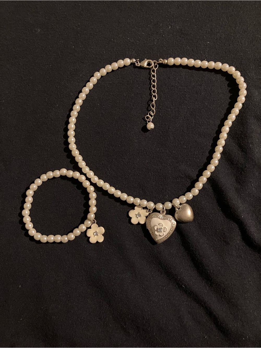 Pearl Beaded Necklace & Bracelet Set with Heart and Flower Charms